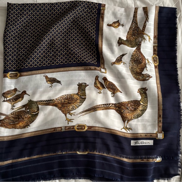 Jim Renoir Vintage Extra Large Square Pheasant Scarf 46x46 EUC Blue/White/Gold - Picture 14 of 14